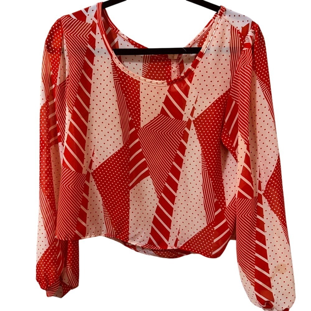 Mind Code Womens Red White Geometric Polka Dot Stripe Button Back Blouse Size M